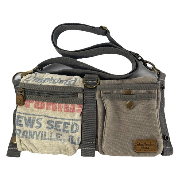 Selina Vaughan Studios Fold Over Seed Sack Canvas Cross Body Bag Fanny Pack Grey - Picture 1 of 16